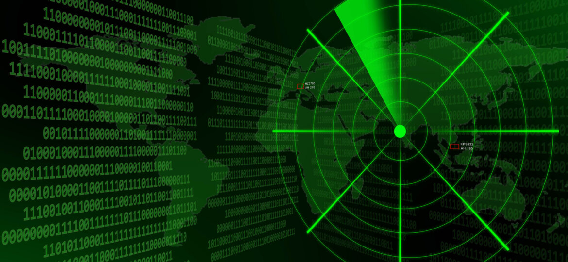 Green radar with a world map behind lines of binary code